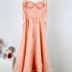 Wonderland Silk And Linen Midi Corset Dress In Pink
